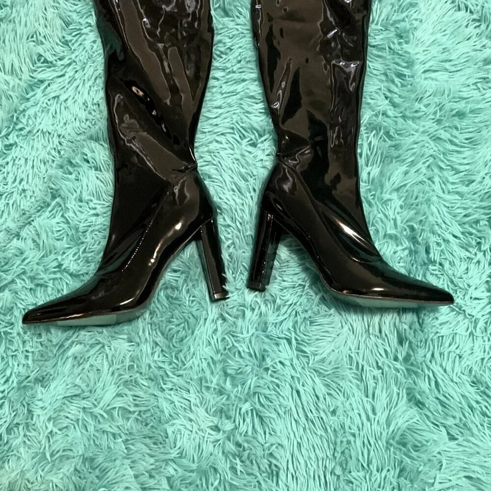 NEW WSKEISP Patent Leather Pu Chunky Block Heel Over The Knee Boots